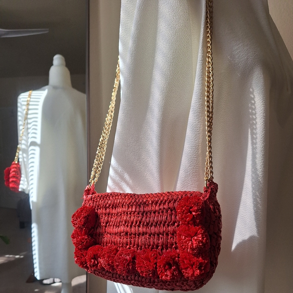 LOFT  Red Paper Straw Pom Pom Small Handbag